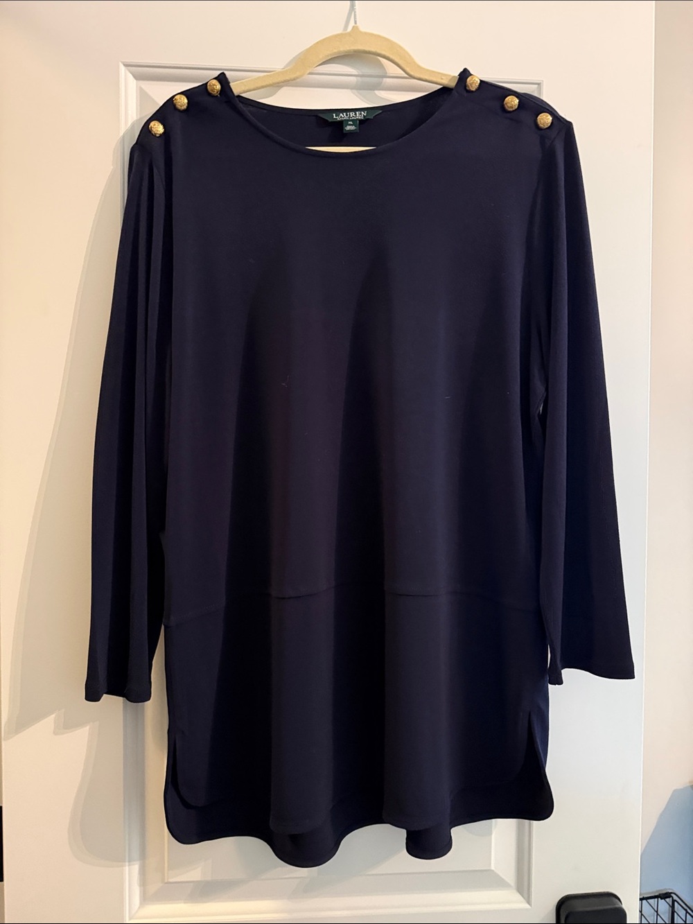 Lauren Ralph Lauren Navy Long Sleeve Top with Gold Shoulder Buttons